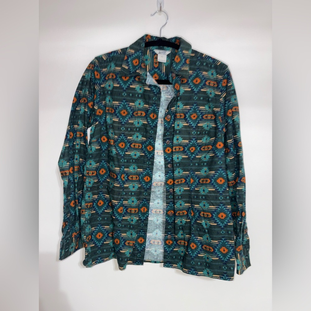 Duluth trading co Aztec Printed Flannel Shirt green & Orange size XS cotton - Picture 2 of 6